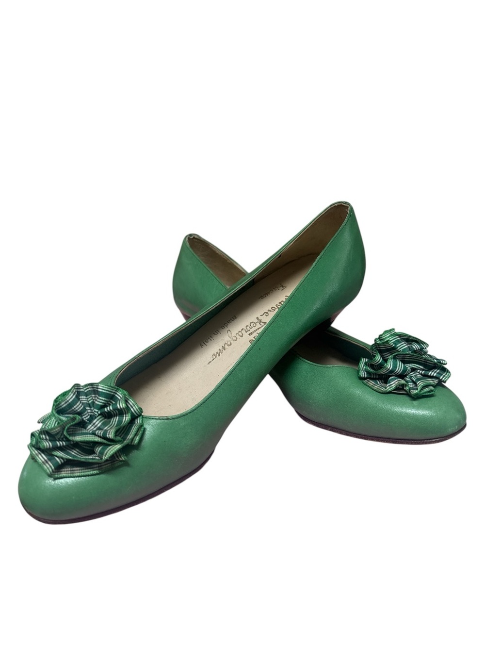 Salvatore Ferragamo Apple Green Floral Accent Women's Ballet Flats